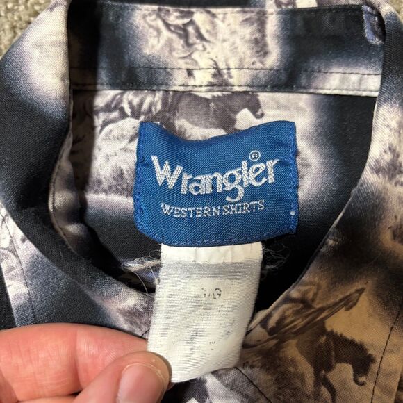 VTG Wrangler Brushpopper Western Shirt Pear Snap Horse Pattern Long Sleeve Men L - Picture 4 of 7